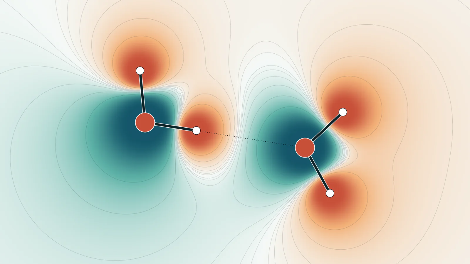 Electrostatic potential around a hydrogen-bonded water dimer in the molecular plane, negative around the oxygen atoms and positive around the hydrogens.