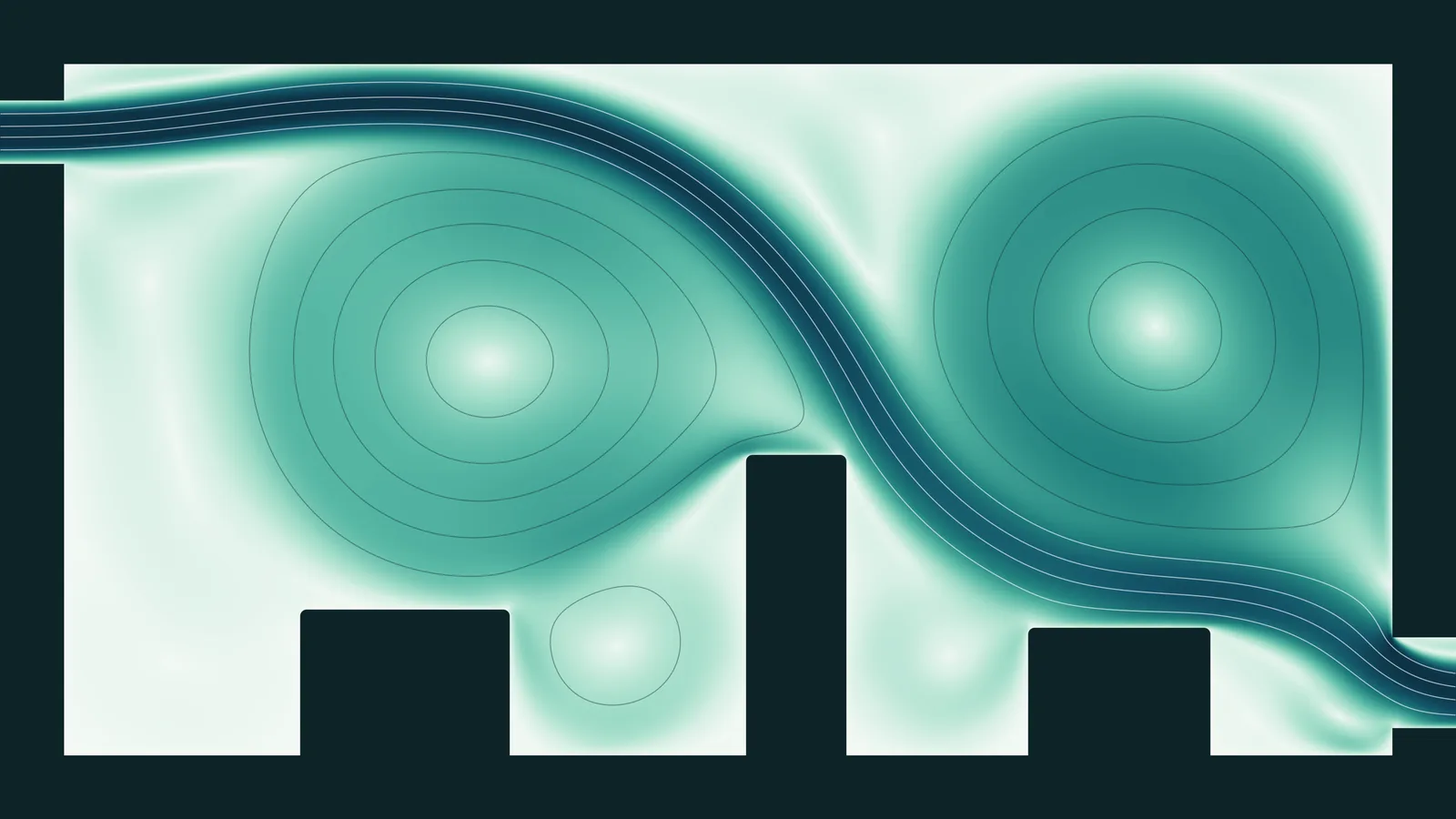 Air speed and streamlines in a ventilated room in side view: a high-level supply jet crosses the room to a low exhaust, leaving two large recirculation cells around three floor-standing blocks
